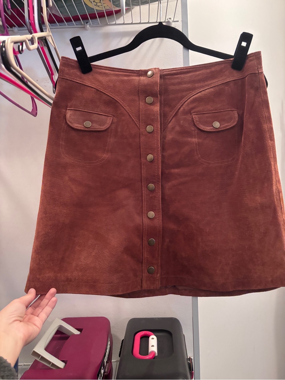 Anthropologie Rust Brown Suede Button-Front Mini Skirt